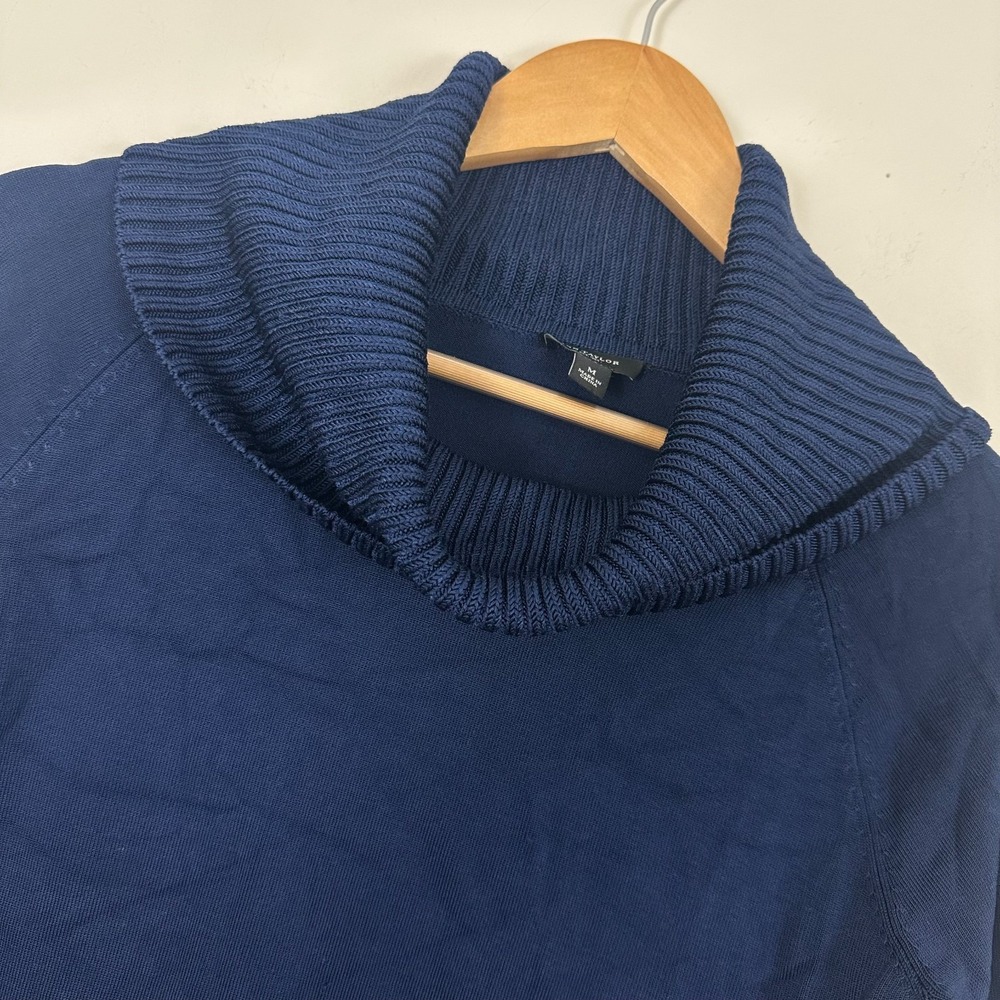 Ann Taylor Sweater Dark Blue Ribbed Knit 3/4 Sleeve Turtle Neck Womens Medium
